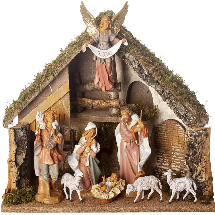 Christmas Real Life Nativity Scene Set Holiday Decoration Stable with 11 Resin Figurines
